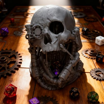 Mechanical Skull Dice Tower Dungeons and Dragons RPG abletop Roleplaying Game Jail D&D (Random 7PCS D20 Dice Set Included) Silver - color: Silver