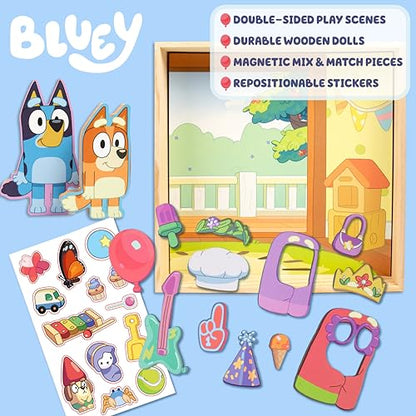 Horizon Group USA Bluey Magnetic Wooden Playhouse, 18 Piece Activity Set, Includes 2 Wooden Dolls House, Great Toys for Kids, Fun Birthday Party Activity, House Playset - color: Bluey House Playset