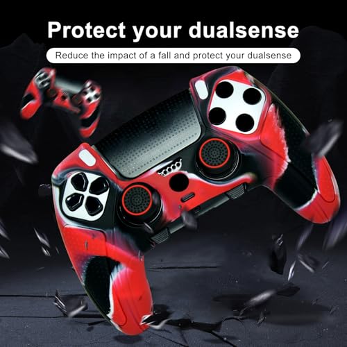 Red Black Anti-Slip Controller Skin,Studded Edition Protective Silicone Cover Skin Grips Compatible with ps5 dualsense EDG and 6 PCS Thumb Grips Caps. - color: Red Black