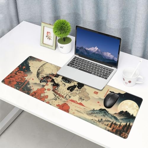 Large Gaming Mouse Pad Desk Mat, Japanese Retro Skull and Floral Extended Keyboard Mouse Pad Mousepad with Non-Slip Base and Stitched Edge Mouse Mat Desk Pad Mouse Pads for Home Office, 31.5 x 11.8 - color: Japanese Retro Skull and Floral
