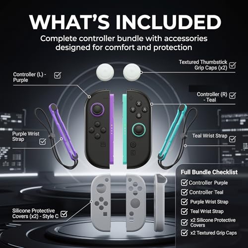GAMEXX (L)/(R) Light Purple and Light Green Controller Compatible with Switch 2 with Soft Silicone Cover Cases, Thumbstick Grip Caps, Wrist Straps, Motion Controls, HD Rumble, Magnetic Connection, Bluetooth 5.1