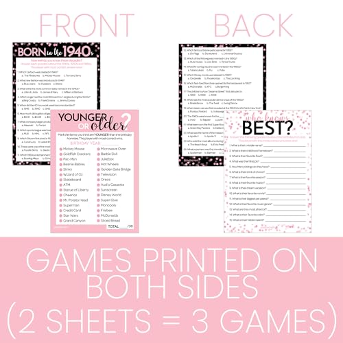 Pink and Black 80th Birthday Games Set, Born in the 1940s, 20 Guests | 5" x 7" Dual-Sided Cards, Who Knows Best, Older or Younger, and 1940s Trivia Games, Answer Keys Included - color: Pink