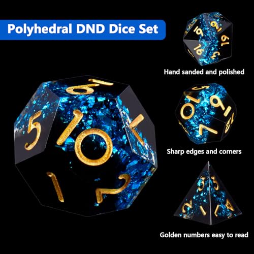 DND Dice Set, 7 Pcs Sharp Edge D&D Dice Polyhedral Resin Dice for Dungeons and Dragons RPG MTG Role Playing Table Games - color: Blue-1
