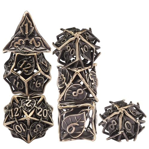 AUSTOR Metal DND Dice Set 7 Pieces Leaf DND Dice Hollow Polyhedral Dice D20 D12 D10 D% D8 D6 D4 Metal Dice with Metal Box for Dungeons & Dragons RPG Board Games (Antique Bronze) - color: Antique Bronze