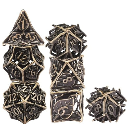 AUSTOR Metal DND Dice Set 7 Pieces Leaf DND Dice Hollow Polyhedral Dice D20 D12 D10 D% D8 D6 D4 Metal Dice with Metal Box for Dungeons & Dragons RPG Board Games (Antique Bronze) - color: Antique Bronze