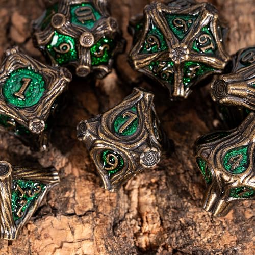 7PCS Metal DND Dice Bronze Green Metal Dice Set D&D for Board Games | Leather Storage Bag, DM Gift, for Dungeons and Dragons Role Playing Games - color: Metal Tree-bronzegreen