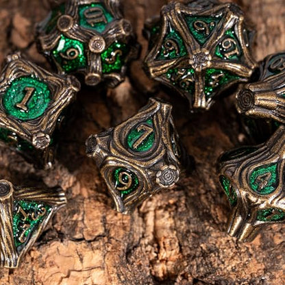 7PCS Metal DND Dice Bronze Green Metal Dice Set D&D for Board Games | Leather Storage Bag, DM Gift, for Dungeons and Dragons Role Playing Games - color: Metal Tree-bronzegreen