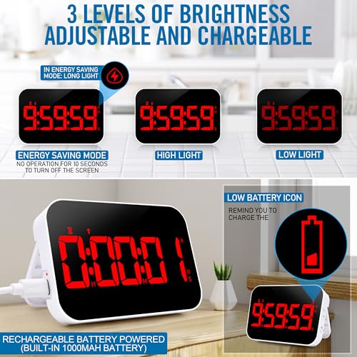 Kitchen Digital RED Timer, Count Down Up, Rechargeable, Vibration Mode Adjustable Volume and Brightness LED Display, Time Management Cook, Desk - color: Red