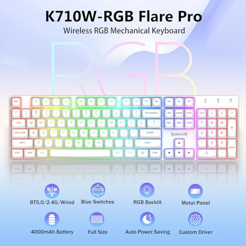 Redragon K710 Wireless Mechanical Gaming Keyboard, Bluetooth/2.4G/Wired Tri-Mode, RGB Backlit, Clicky Blue Switch, Rechargeable Battery, Solid Metal Panel, PBT Keycaps for PC/Mac, White