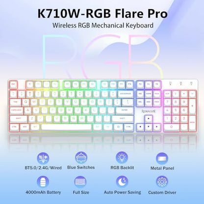 Redragon K710 Wireless Mechanical Gaming Keyboard, Bluetooth/2.4G/Wired Tri-Mode, RGB Backlit, Clicky Blue Switch, Rechargeable Battery, Solid Metal Panel, PBT Keycaps for PC/Mac, White