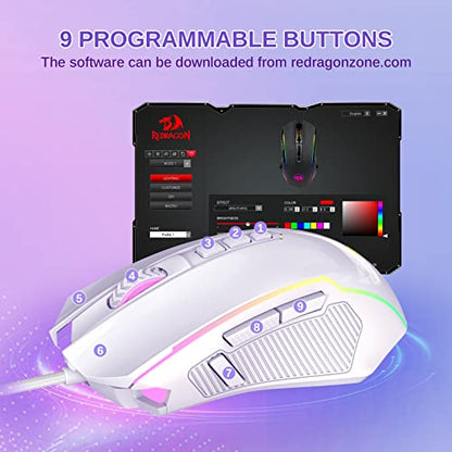 Redragon Gaming Mouse, Wired White Mouse with RGB Backlit, 8000 DPI Adjustable, PC Gaming Mice with 9 Programmable Macro Buttons & Fire Button, PC Gaming Mouse for Windows/Mac, White - color: white