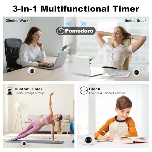Small Productivity Timer - Pomodoro Timer with 3/5/10/25/60 Min Presets & Custom Countdown | Magnetic Rechargeable Digital Clock for Desk, Study and Games (White) - color: White