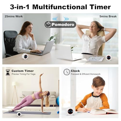 Small Productivity Timer - Pomodoro Timer with 3/5/10/25/60 Min Presets & Custom Countdown | Magnetic Rechargeable Digital Clock for Desk, Study and Games (White) - color: White