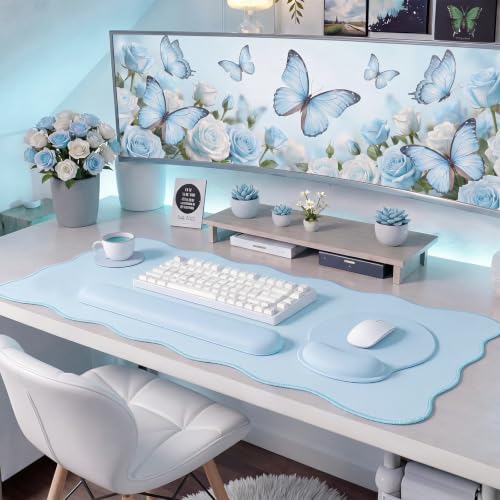 Sabary Scalloped Desk Mat Keyboard Mouse Pad Set 35.5 x 15.7 Inch Blue Preppy Table Mat Keyboard Wrist Rest Cute Aesthetic Mouse Pad with Wrist Rest Coaster Ergonomic Non-Slip Waterproof Gaming Desk - color: Blue, size: 35.5 x 15.7 Inch