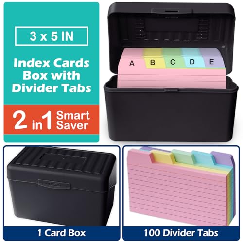 Olivo 3x5 Index Card Holder Box with 100 Cards Dividers Tabs 3"x 5", Black - color: Black