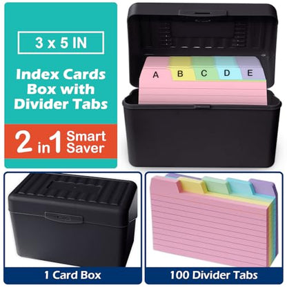 Olivo 3x5 Index Card Holder Box with 100 Cards Dividers Tabs 3"x 5", Black - color: Black