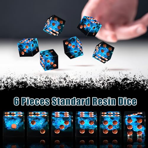 AUSTOR 6 Sided Resin D6 Dice Set, 16mm, Handmade, Sharp Edge, 6 Pieces, Metal Case, Black & Blue - color: Black & Blue