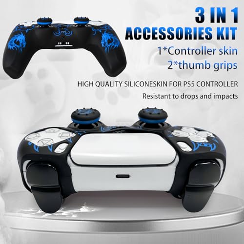 PS5 Controller Silicone Cover with Laser-Engraved Dragon Design - Non-Slip Grip Skin + 2 Dragon Thumbstick Caps | Stylish Protective Case for PlayStation 5 Controller - color: Lightning Dragon Blue