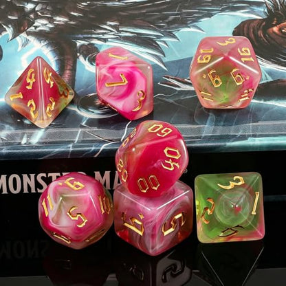 QMAY DND Dice Set -D&D Polyhedral Dice (7 Pcs) for Dungeons and Dragons (Pink Light Green) - color: Pink Light Green