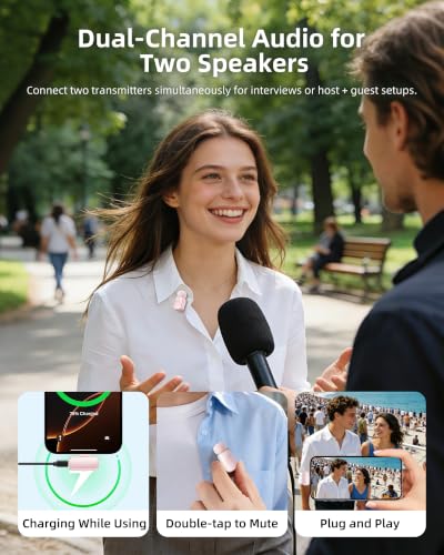 mini 2 Wireless Lavalier Microphones for iPhone 16/17 & Android, AI Noise Cancellation, App Control, 30H Battery with Charging Case, Lapel Microphone Wireless for Video Pink - color: Pink