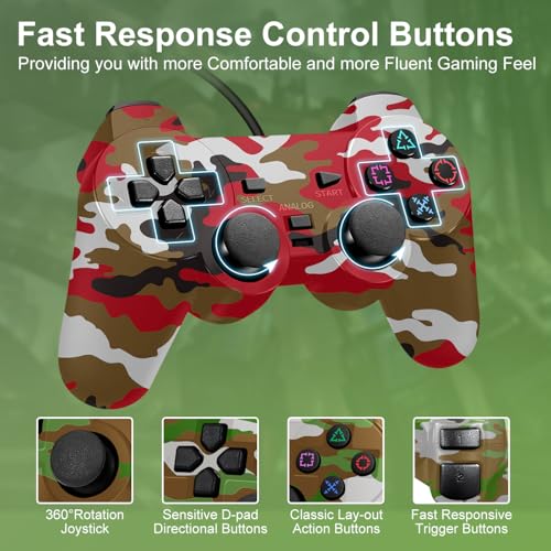 PS2 Controller, 2 Pack Wired Controller for PS2/PS2 Slim/PS1,Dual Vibration - color: Camo Red