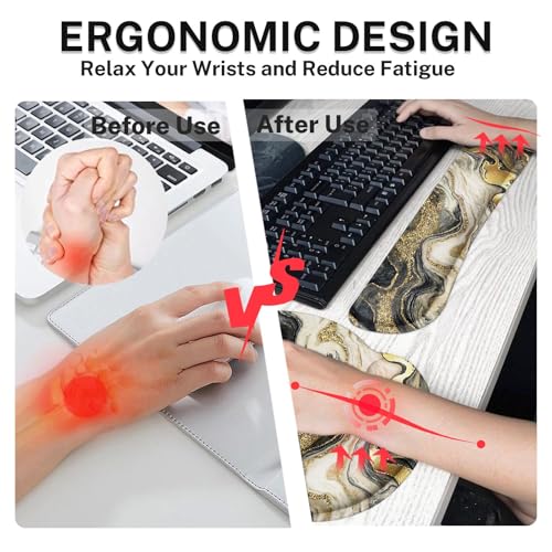 Ergonomic Mouse Pad Set with Wrist Rest, Black Gold Marble | Abstract Non-Slip Rubber Base Wrist Cushion Support and Coasters Mousepad with Wrist Support for Computer Keyboard - color: Black Gold Glitter Marble