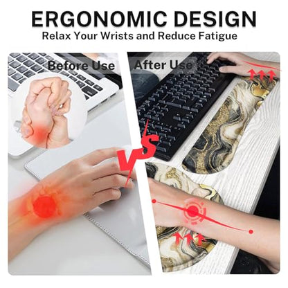 Ergonomic Mouse Pad Set with Wrist Rest, Black Gold Marble | Abstract Non-Slip Rubber Base Wrist Cushion Support and Coasters Mousepad with Wrist Support for Computer Keyboard - color: Black Gold Glitter Marble