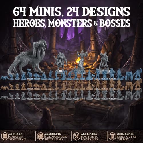 Underdusk Chaotic Encounters: 64 DND Miniatures for Dungeon Masters – 24 Designs, 28mm Bulk Set with 4 Bosses (Hydra, Fire Elemental, Gluttony, Forest Guardian) – Unpainted, 5e Stat Blocks Included