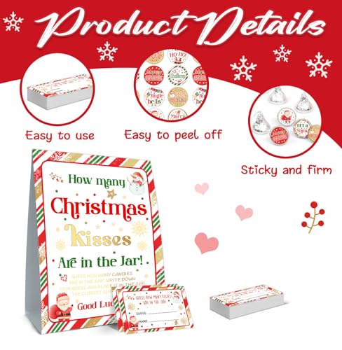 ALodr Guess How Many Christmas Kisses Game, How Many Kisses Standing Sign 50 Guessing Cards 180 Christmas Kisses Stickers, Christmas Games for Adults, How Many Kisses Christmas Game Set for Christmas - color: Christmas 01