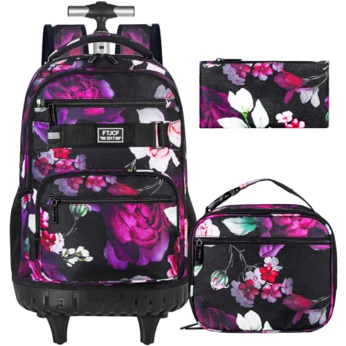 3Pcs Rolling Backpack for Girls Women, Travel Roller Backpacks with Wheels for Adults, Teens College Rose Wheeled Bookbag with Lunch Box(Black) - color: Rose Black