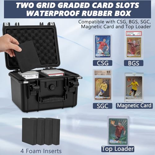 Graded Card Case - IP67 Waterproof Storage Box for Sports Trading Cards | Graded Card Carrying Case Storage Box for 40+ CSG, BGS, SGC, Top Loaders Graded Sports Trading Cards with 4 EVA Foam - size: M (holds 40+ Graded Cards--waterproof)