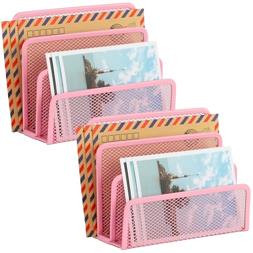 EASEPRES Desk Mail Organizer, Office Small Desktop Metal Mesh Envelope Letter Sorter Paper File Holder Organizer with 3 Vertical Upright Compartments, Pink 2 Pack - color: Pink, size: 2 Pack