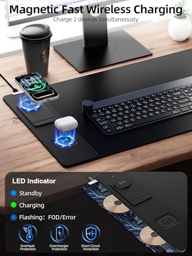 Wireless Charging Mouse Pad with Magnetic Phone Stand, 31.5"x15.8" Large | Waterproof Mousepad Desk Mat, Smooth Glide, Stitched Edge, Non-Slip Rubber Base, Computer Keyboard Mat, No Adapter - color: Black-Mag Stand