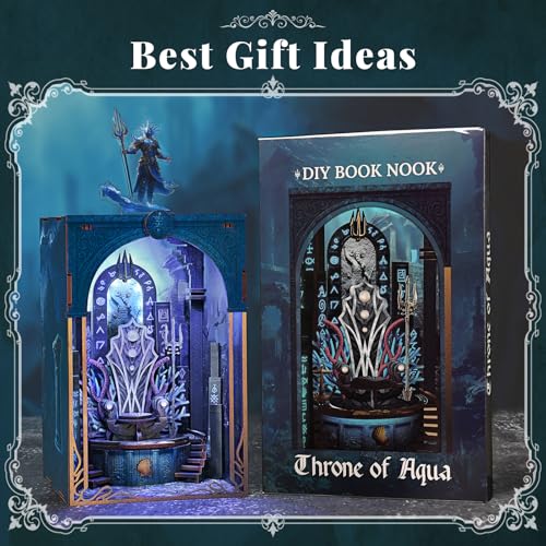 MiniCity Book Nook Kit, DIY Underwater Mythic Ruin Miniature with Led Light, Craft Model with Free Stand, 80+Pcs Easy Assembly for Adults Teens, Fantasy Bookshelf Decor & Gift (Throne of Aqua) | DIY building kit with a free figure; Build in 2-4 hr; 80-pie