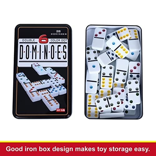 Offelec Double Six Dominoes Set | 28 Domino Tiles Double 6 Dominos with Storage Tin | Classic Family Game for Kids & Adults | Ideal for Travel, Game Nights & Educational Fun | 2-4 Players - color: Double 6 Dominoes