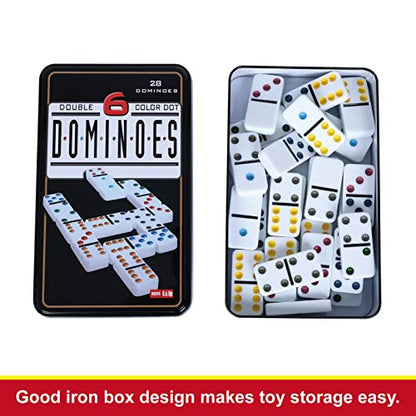 Offelec Double Six Dominoes Set | 28 Domino Tiles Double 6 Dominos with Storage Tin | Classic Family Game for Kids & Adults | Ideal for Travel, Game Nights & Educational Fun | 2-4 Players - color: Double 6 Dominoes