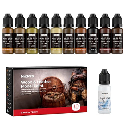 Nicpro 10 Colors Wood & Leather Model Paint Set, 20ml Ready to Use Modeling Acrylic Paints, Brush & Airbrush Compatible, Miniature Paint Set for Beginner & Pro on Model, Figure, Crafts, with 1 Thinner - style: Wood & Leather