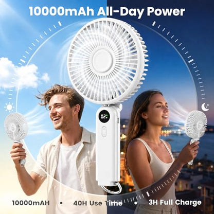Portable Handheld Fan, 10000mAh Rechargeable 6-Inch Personal Fan for Travel | Ultra Quiet Foldable Desk Fan, 5-Speed Battery Operated Fan with Up to 40H Runtime and Digital Display for Travel and Makeup - color: White