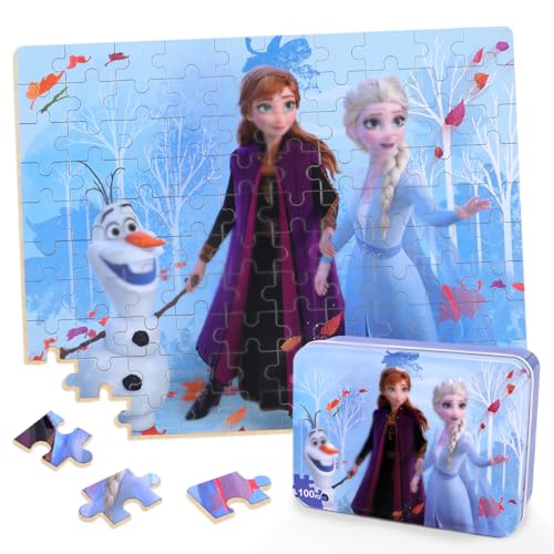 Puzzles for Kids Ages 4-8,Kids Puzzls in a Metal Box,Winter Princess Snowman Small Puzzes,Kid Boys Girls Learning Educational Puzles Packed in Tin Box,100 Pieces - color: Blue100
