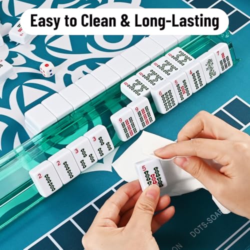 Goldge American Mahjong Tile Set – 166 White Tiles | 4 All-in-One Color Racks with Pushers, 3 Dice, Portable Blue Carrying Bag – Complete Mahjong Game Set – Blue - color: Blue