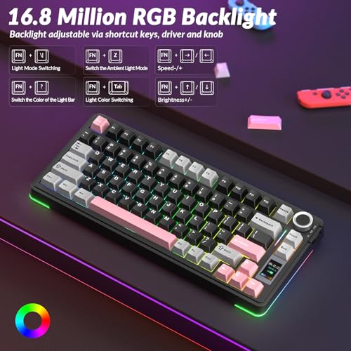 AULA S75 PRO Wireless Mechanical Keyboard with Screen&Knob, 75% Hot Swappable Gaming Keyboard with Pre-lubed Switches, RGB Backlit, PBT Keycaps Creamy Sounding Pc Gaming Keyboards - color: Black&Gray&Pink