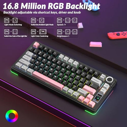AULA S75 PRO Wireless Mechanical Keyboard with Screen&Knob, 75% Hot Swappable Gaming Keyboard with Pre-lubed Switches, RGB Backlit, PBT Keycaps Creamy Sounding Pc Gaming Keyboards - color: Black&Gray&Pink