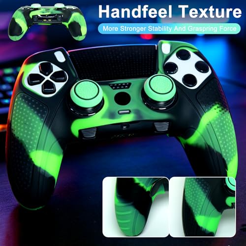 Green Black Anti-Slip Controller Skin,Studded Edition Protective Silicone Cover Skin Grips Compatible with PS5 Edge Controller and 6 PCS Thumb Grips Caps. - color: Green Black