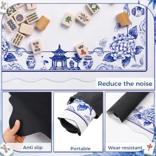 Blue and White Chinoiserie Floral Mahjong Mat 31.5" x 31.5" | Non-slip, Noise Reduction, Gaming Mat with Carrying Bag, Mahjong Table Cover for Poker Board Card Games Dominoes - style: Blue and White
