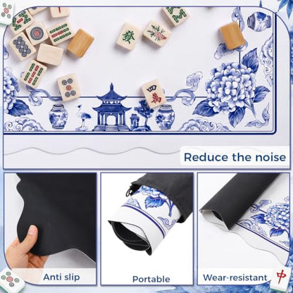 Blue and White Chinoiserie Floral Mahjong Mat 31.5" x 31.5" | Non-slip, Noise Reduction, Gaming Mat with Carrying Bag, Mahjong Table Cover for Poker Board Card Games Dominoes - style: Blue and White