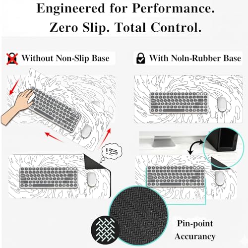 Gaming Mouse Pad L (31.5x11.8in) - Abstract White Line Art Waves, Japanese Doodle Style - Desk Mat, Water Resistant Surface - color: White Ink Waves, size: 11.8x31.5''
