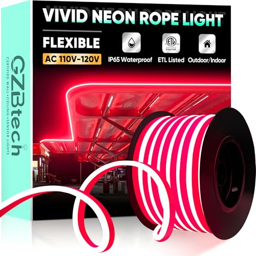 GZBtech Flexible LED Neon Rope Lights 50FT,AC 110-120V Waterproof Strip Light, 120 LEDs/M Cuttable Connectable Neon Lighting for Indoor Outdoor Home Decor/Commercial Building Use-Red 15M, ETL Listed - color: Red, size: 50FT