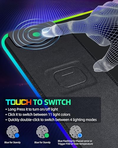 RGB Gaming Mouse Pad with 15 Magnetic Wireless Charging, 31.5"x15.7" | Large XXL Desk Mat, 15 Lighting Modes, Non-Slip Rubber Base, Waterproof Mousepad Computer Keyboard Pad, Black with Adapter - color: Rgb - 31.5"x15.7" (20w Pd Adapter)