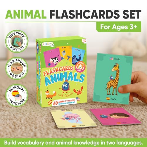 Kidrox Animals Flash Cards, English Learning Cards with Spanish Translations Included, Indestructible Double-Sided, 30 Cards - style: Animals
