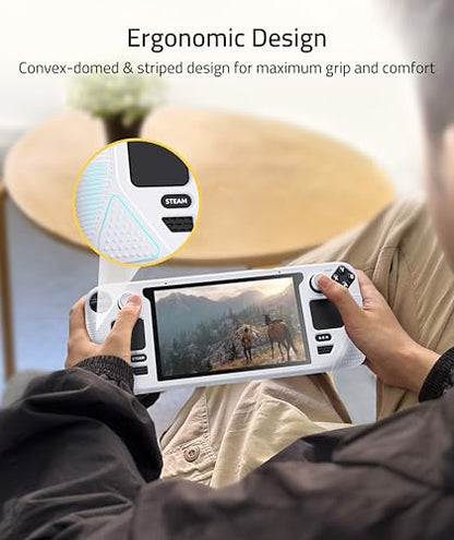 Syntech Protective Silicone Case for Steam Deck OLED & LCD - Grayish White | Upgraded Zero-Gap Fit Fixes Edge Sagging, All-Round Shock Absorption, Non-Slip Grips & Complimentary Thumb Caps Included - color: Grayish White